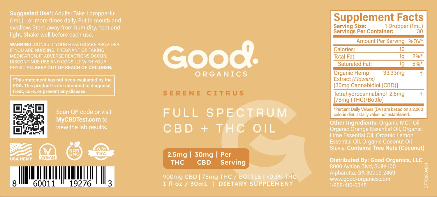 2.5mg Delta 9 THC Tincture (Serene Citrus) - Good Organics