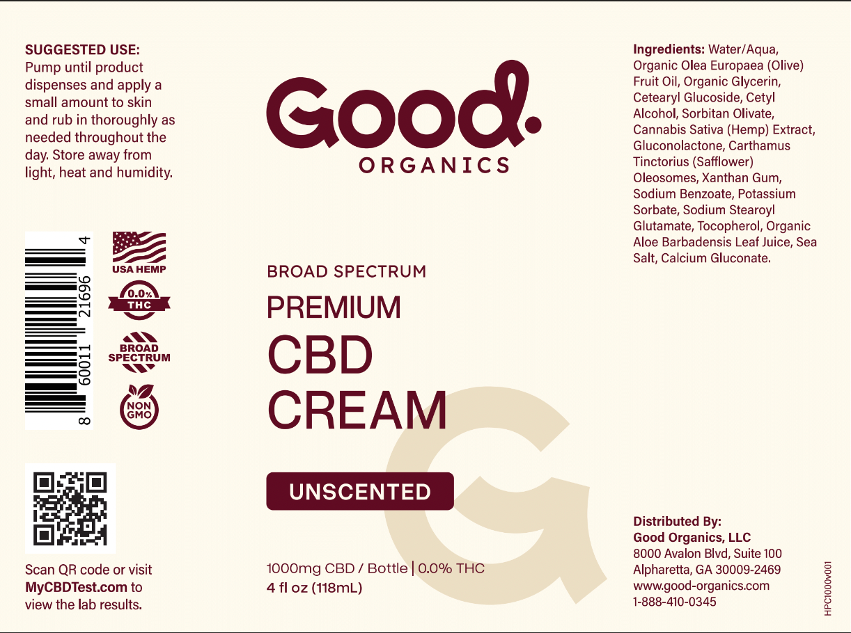 1000mg CBD Cream Unscented (4oz) - Topical Broad Spectrum - Good Organics