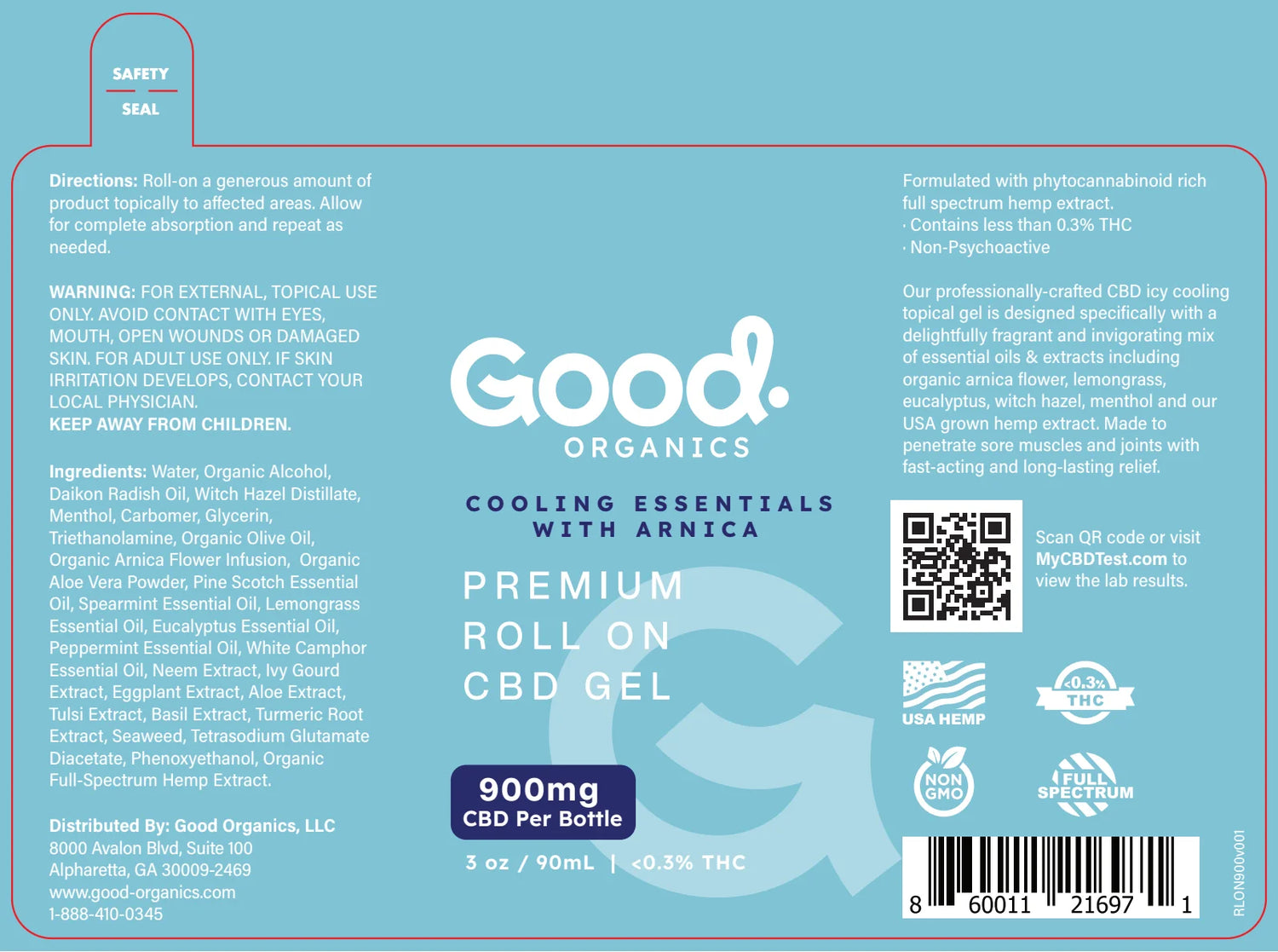 900mg Roll-on CBD Gel Cooling Essentials with Arnica (3oz.) - Good Organics